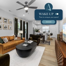 living area with easy access to other rooms and a overlay graphic showing information